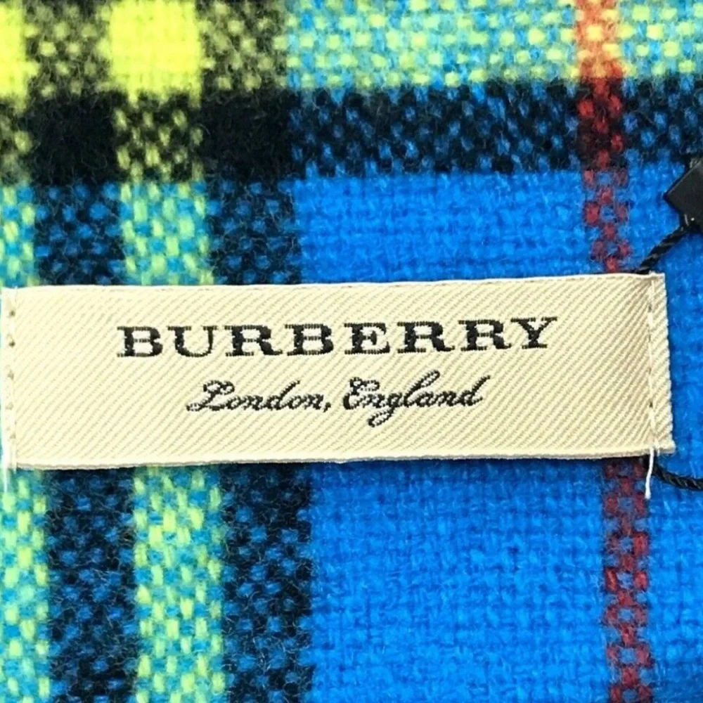 RARE LARGE BURBERRY cashmere blue turquoise yellow fringe check plaid scarf - Picture 5 of 6